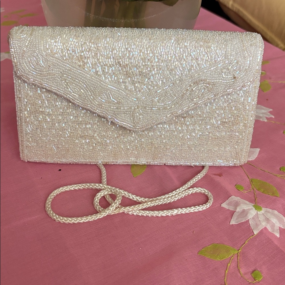Vintage White Beaded Clutch Envelope Purse Shoulder Handbag Braided Beaded Strap
